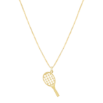 A gold tennis racket necklace