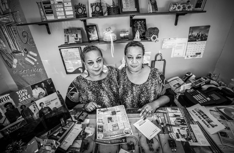 Twin sisters, Sylvia Coates & Cynthia Coates-Harris, at A Quiet Place Christian Bookstore, Liberty Heights Avenue. 