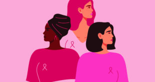 Three women with pink breast cancer awareness ribbon