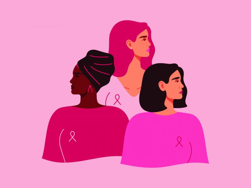 Three women with pink breast cancer awareness ribbon