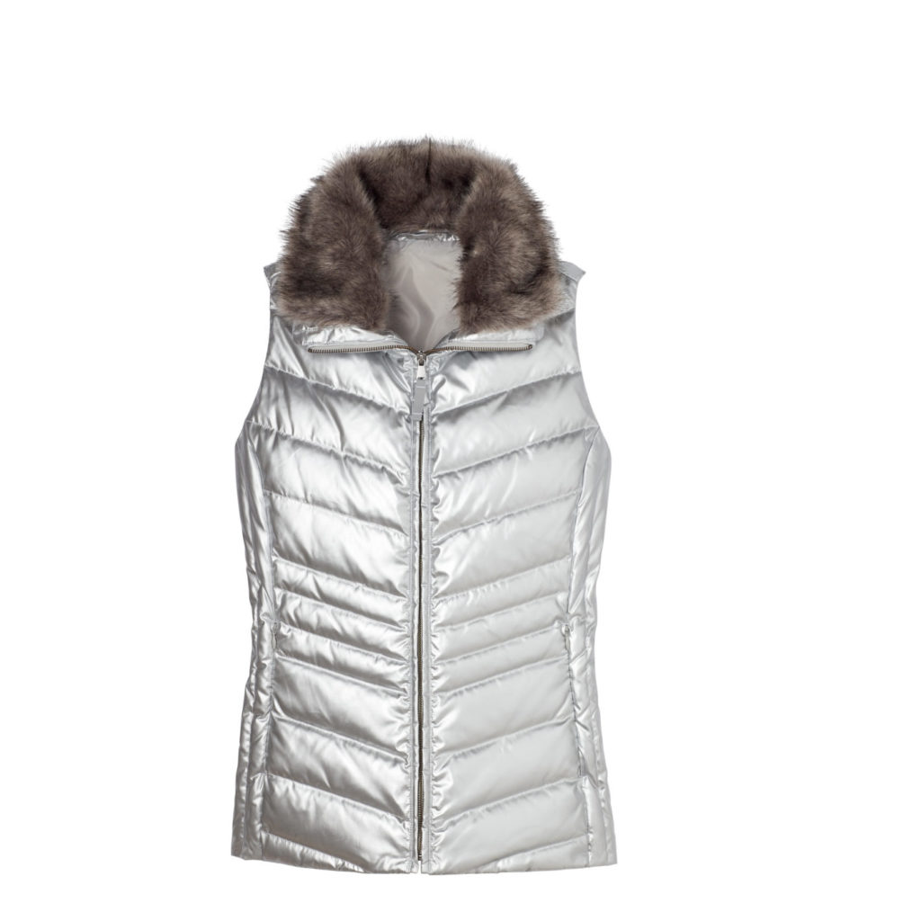 Metallic puffer vest in bright silver ($149, Talbots)