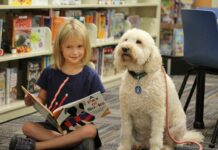 a child reads to a dog at Hereford Library