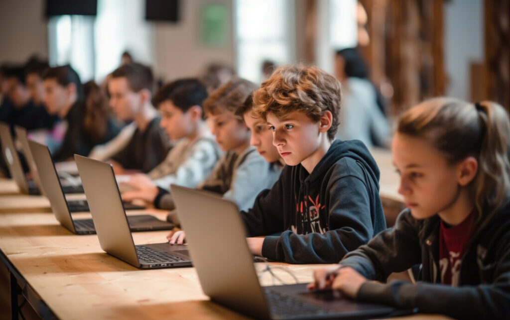 Teen students learning on laptop computers in full modern classroom with wooden desks