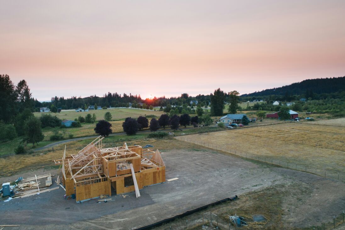 An aerial shot of a house under construction