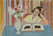 "Girl Reading, Vase of Flowers" by Henri Matisse, a painting of a girl reading next to a vase of flowers