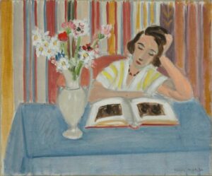 "Girl Reading, Vase of Flowers" by Henri Matisse, a painting of a girl reading next to a vase of flowers